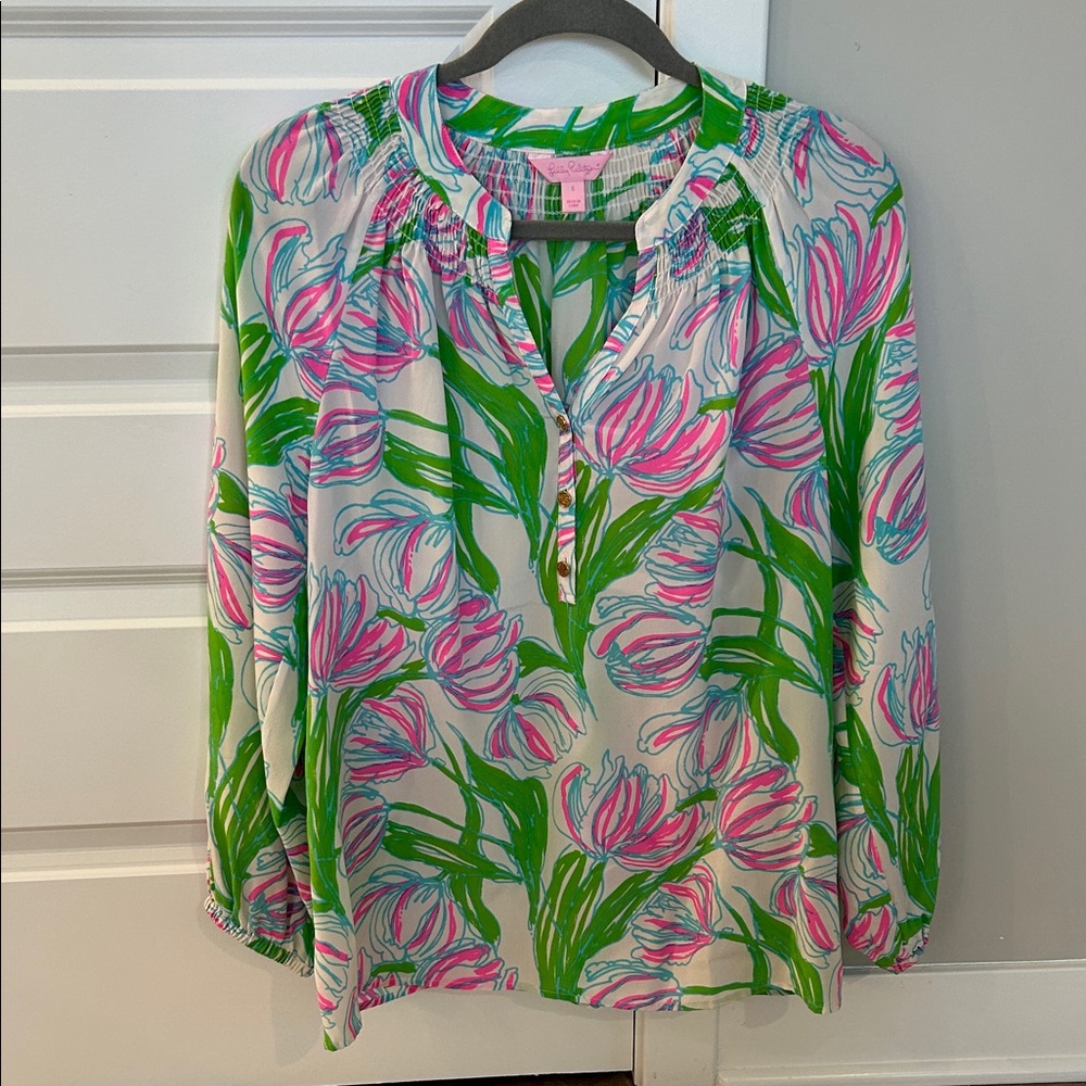 Lilly Pulitzer Floral Blouse in Pink and Green